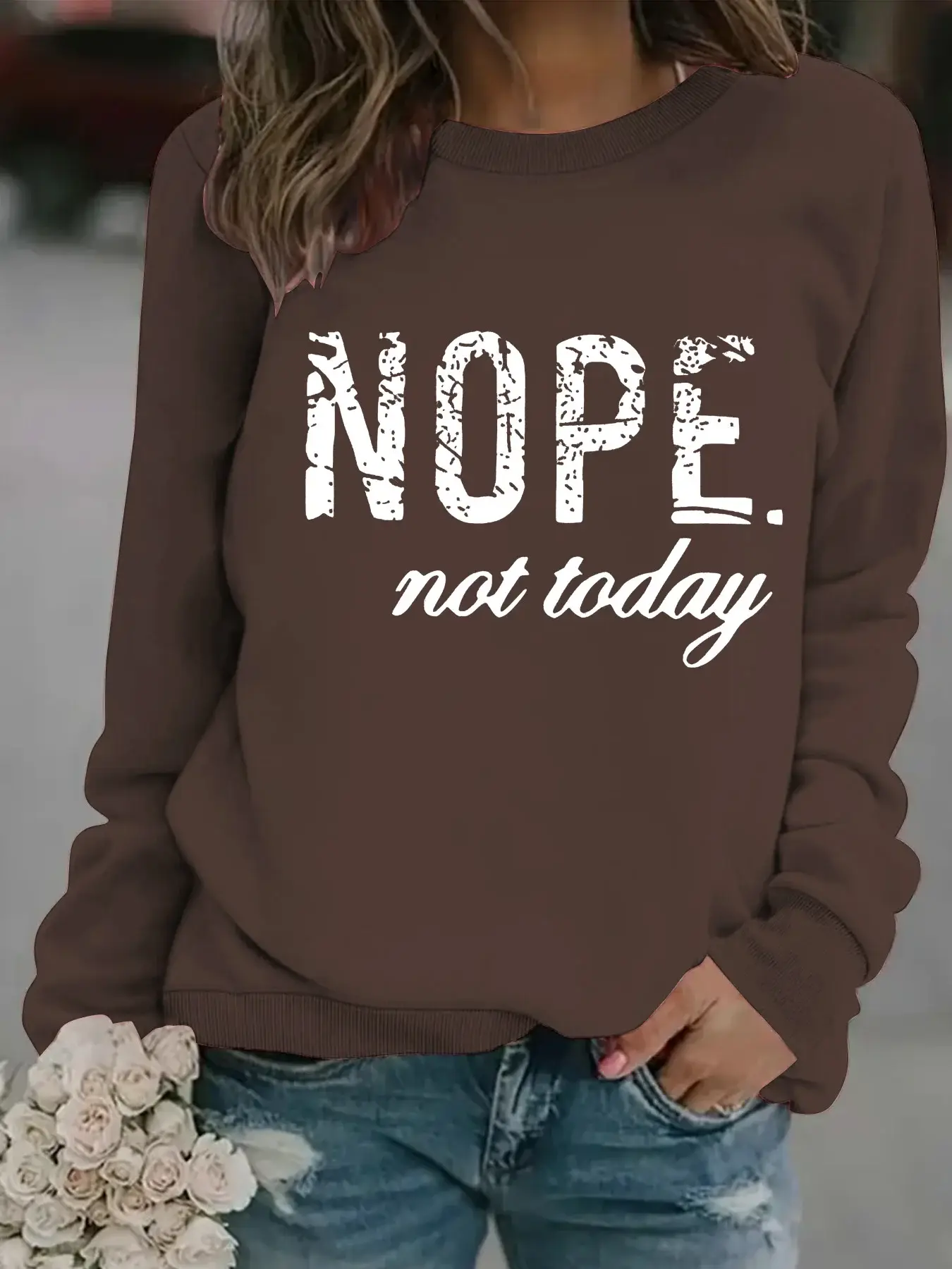 Women's Orange NOPE Slogan Sweatshirt Long Sleeve Round Neck — feature 8