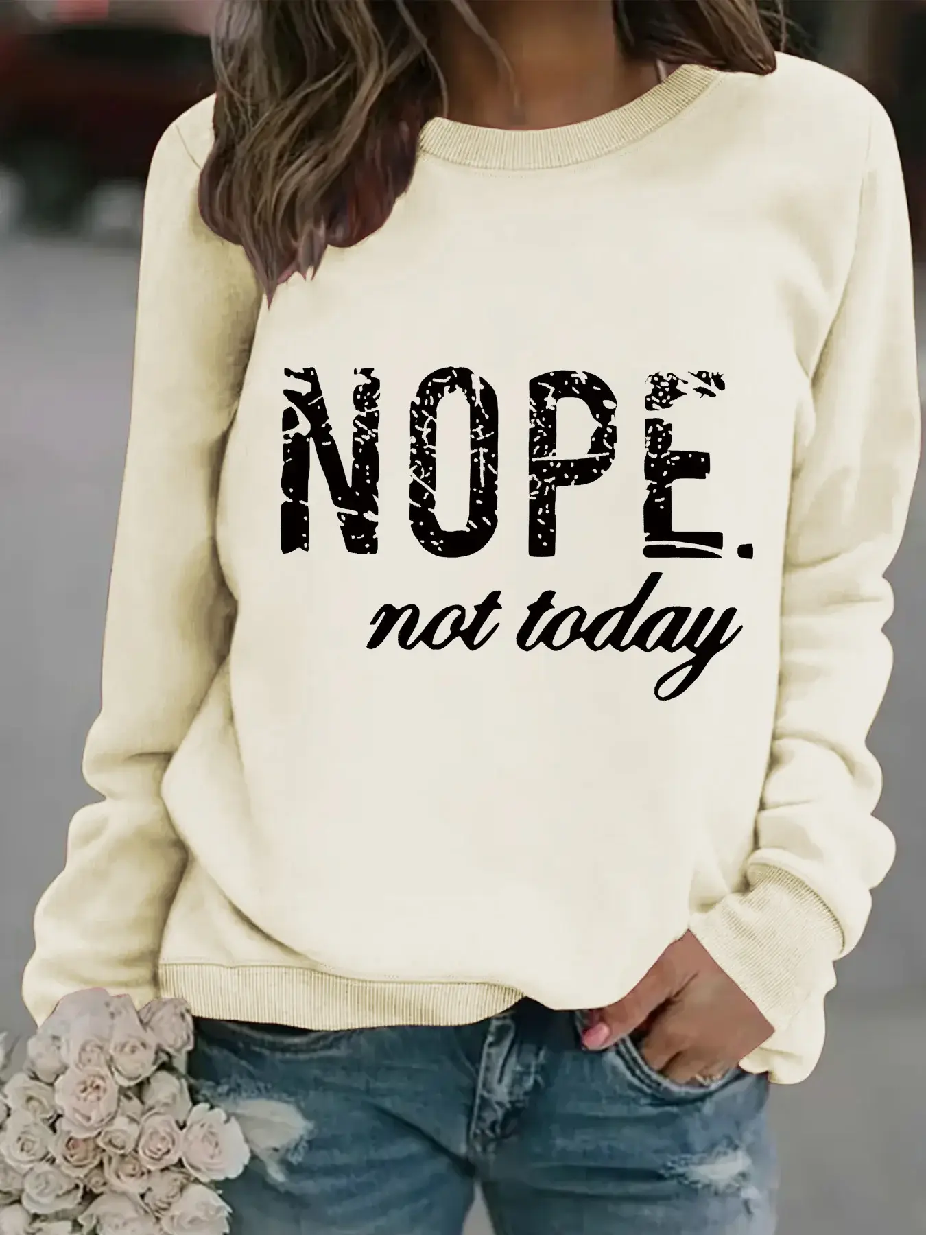 Women's Orange NOPE Slogan Sweatshirt Long Sleeve Round Neck — feature 9