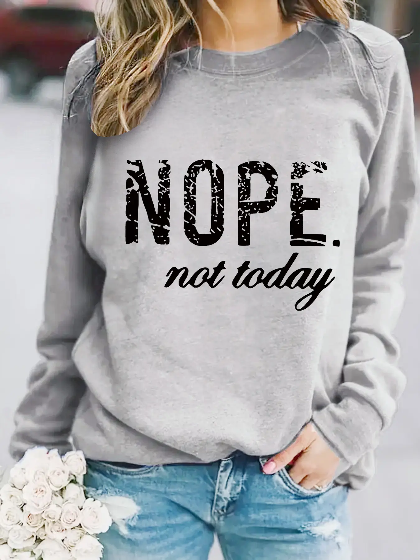 Women's Orange NOPE Slogan Sweatshirt Long Sleeve Round Neck - Image 5