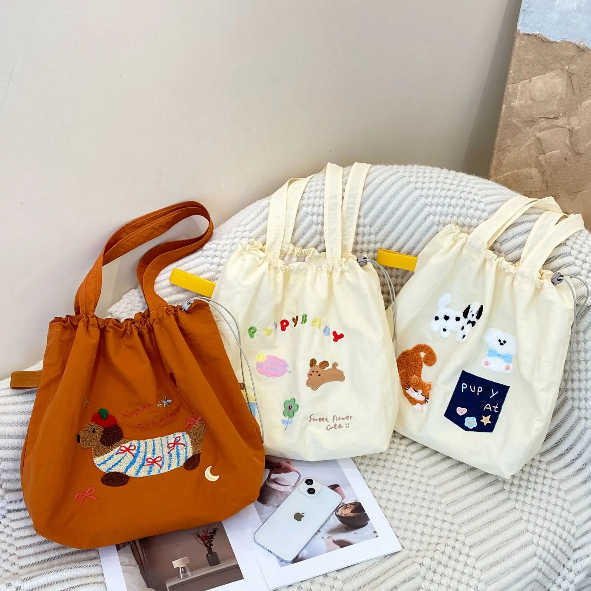 Brown Cartoon Drawstring Tote Bag for Women - Image 6