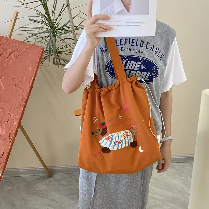 Brown Cartoon Drawstring Tote Bag for Women - Image 7