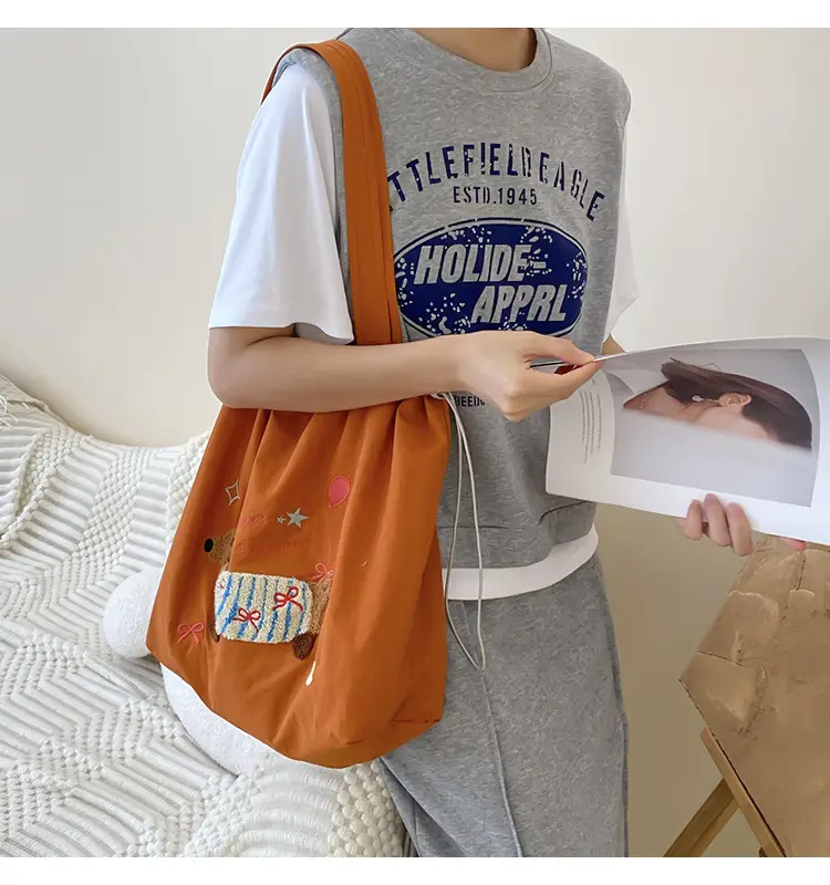 Brown Cartoon Drawstring Tote Bag for Women — feature 12
