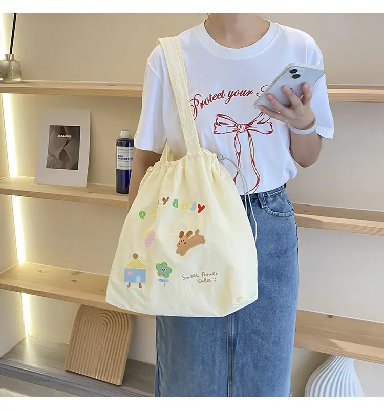 Brown Cartoon Drawstring Tote Bag for Women — feature 21