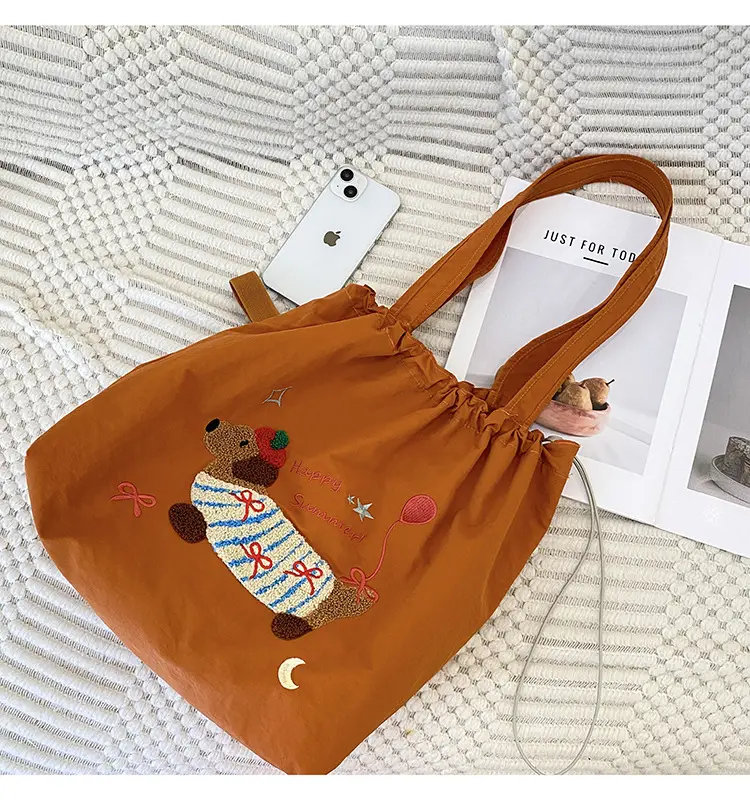 Brown Cartoon Drawstring Tote Bag for Women — feature 5