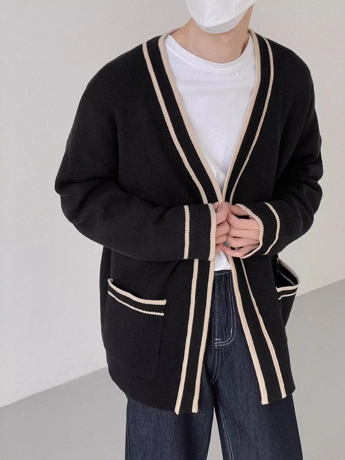 Men's Black V-Neck Knitted Cardigan Sweater - Image 4