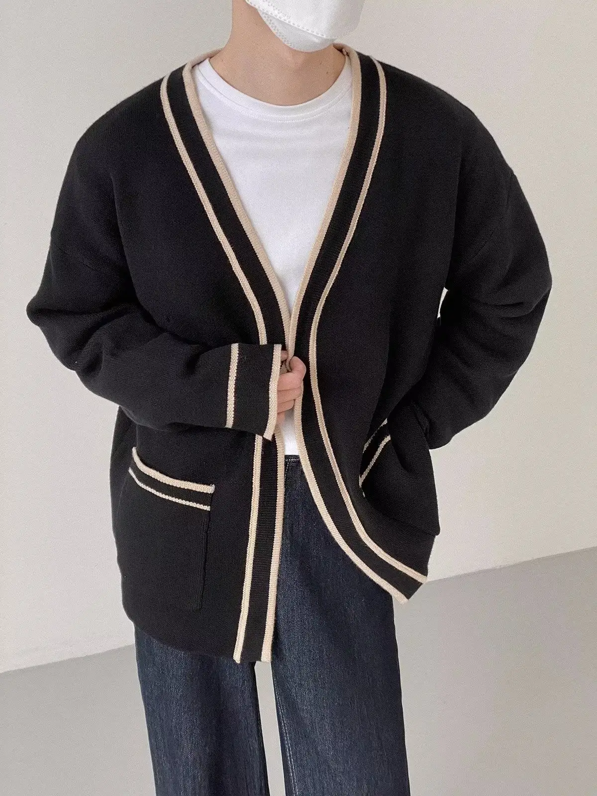 Men's Black V-Neck Knitted Cardigan Sweater - Image 6