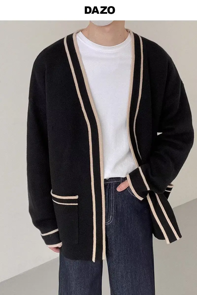Men's Black V-Neck Knitted Cardigan Sweater — feature 1