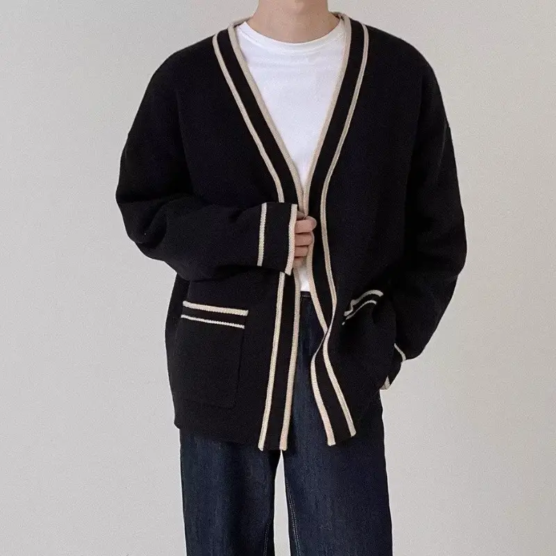 Men's Black V-Neck Knitted Cardigan Sweater — feature 11