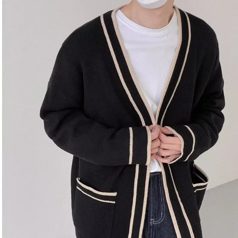 Men's Black V-Neck Knitted Cardigan Sweater — feature 12