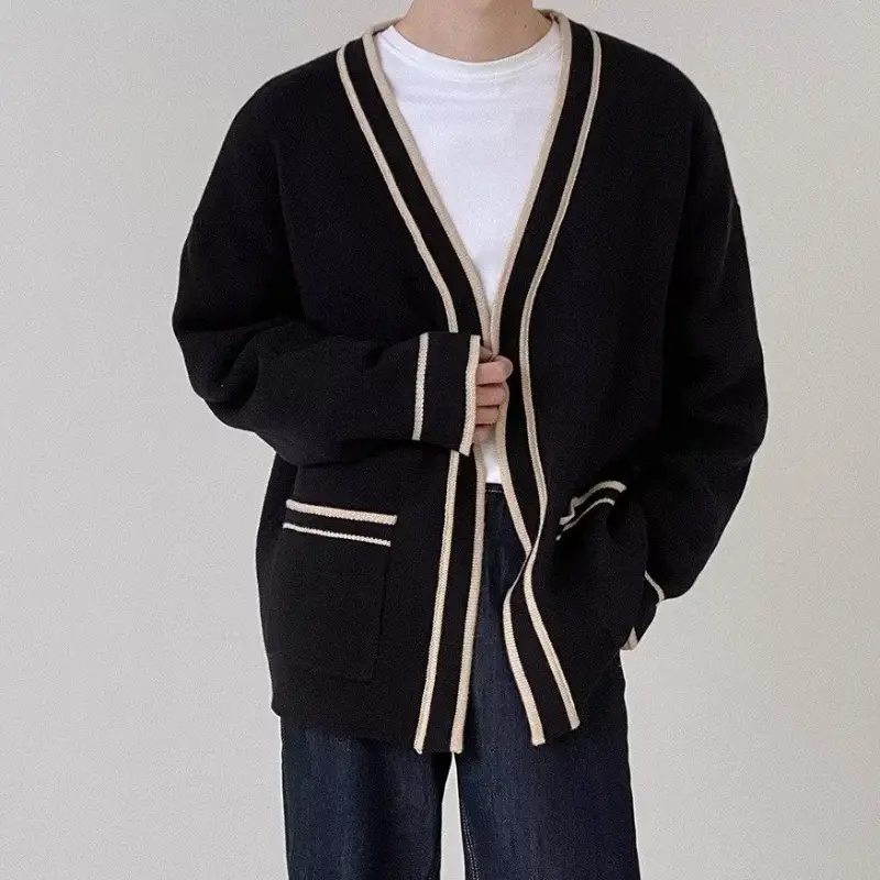 Men's Black V-Neck Knitted Cardigan Sweater — feature 13