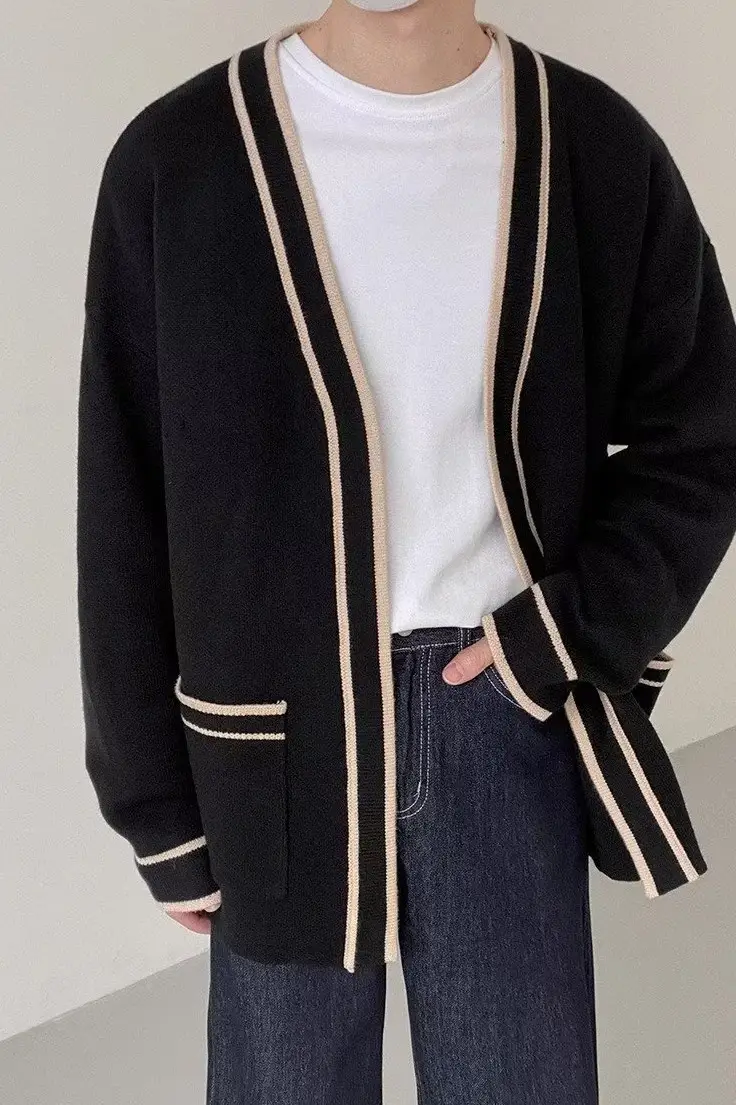 Men's Black V-Neck Knitted Cardigan Sweater — feature 14
