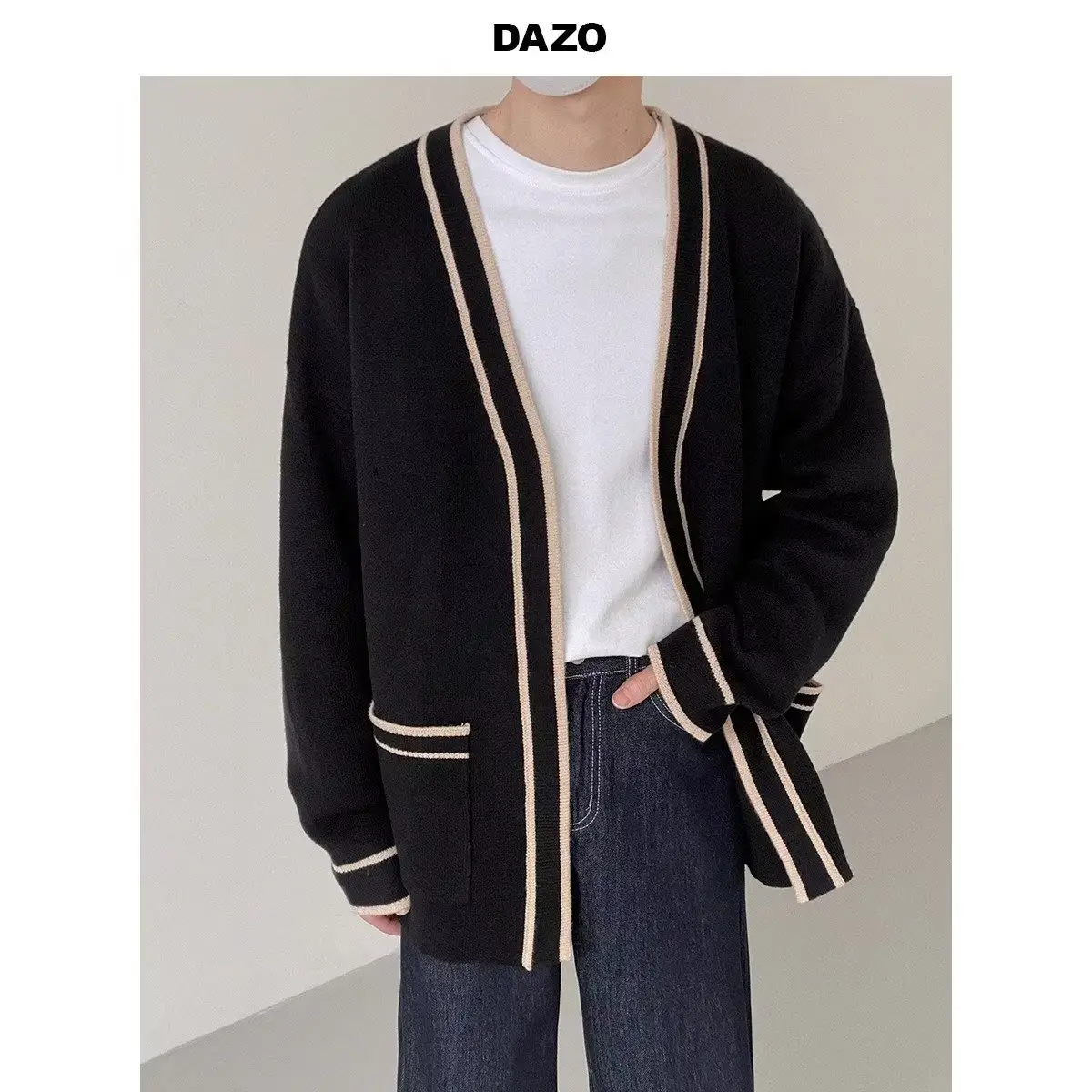 Men's Black V-Neck Knitted Cardigan Sweater — feature 2