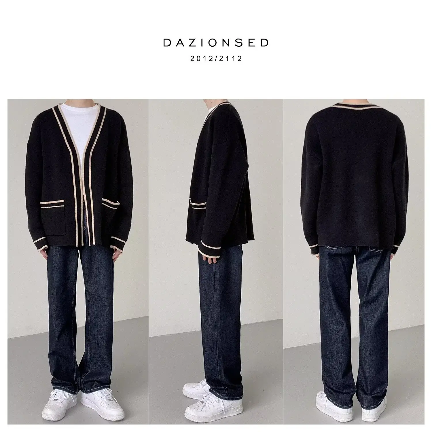 Men's Black V-Neck Knitted Cardigan Sweater — feature 3