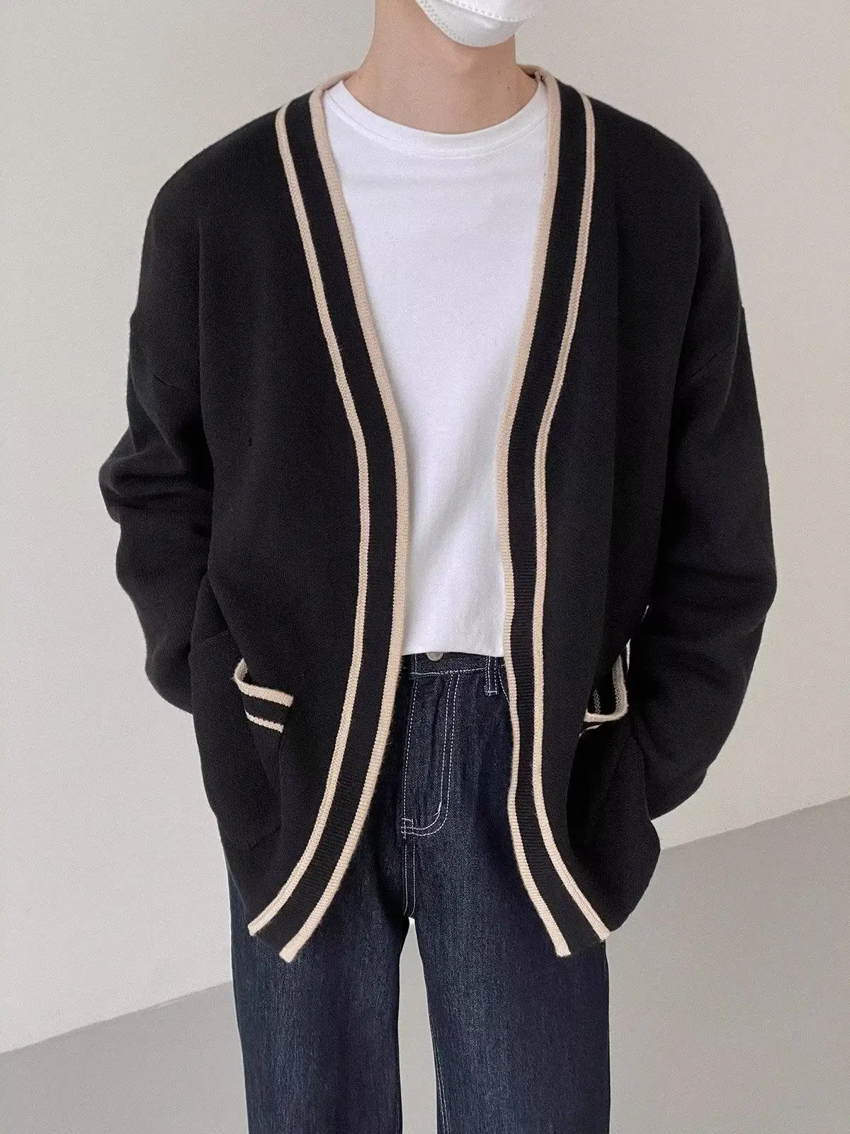 Men's Black V-Neck Knitted Cardigan Sweater — feature 5