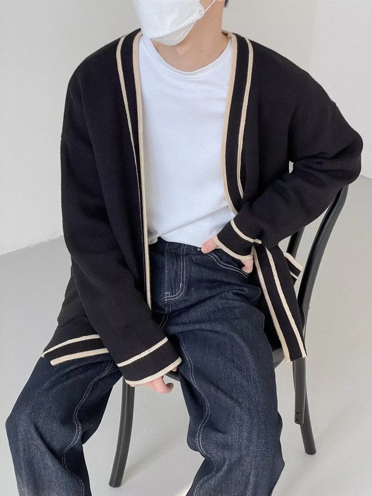Men's Black V-Neck Knitted Cardigan Sweater — feature 6