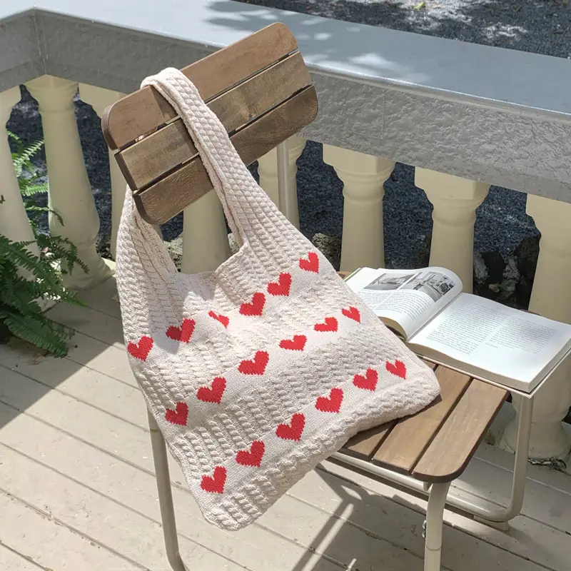 Knitted Heart Pattern Wool Tote Bag Beige - Image 6