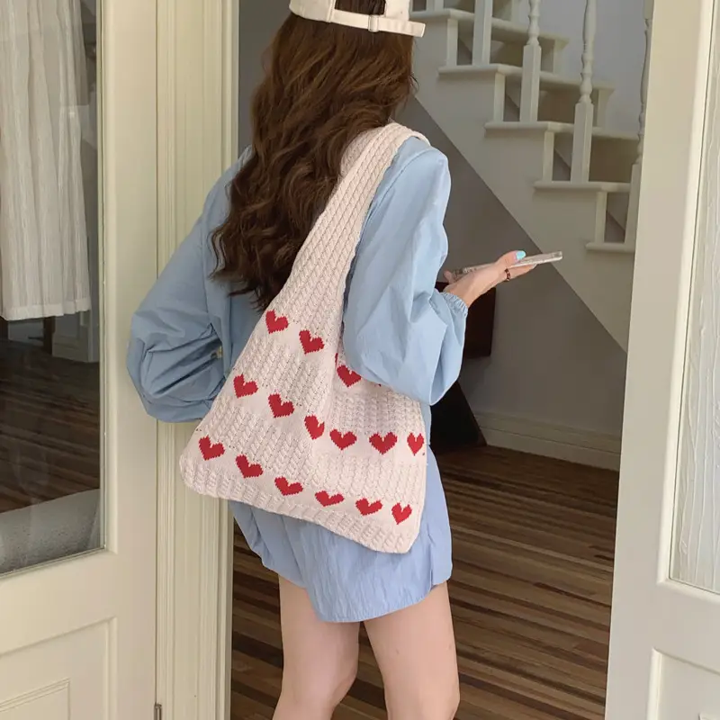 Knitted Heart Pattern Wool Tote Bag Beige - Image 7