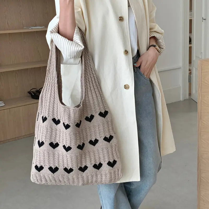 Knitted Heart Pattern Wool Tote Bag Beige - Image 8