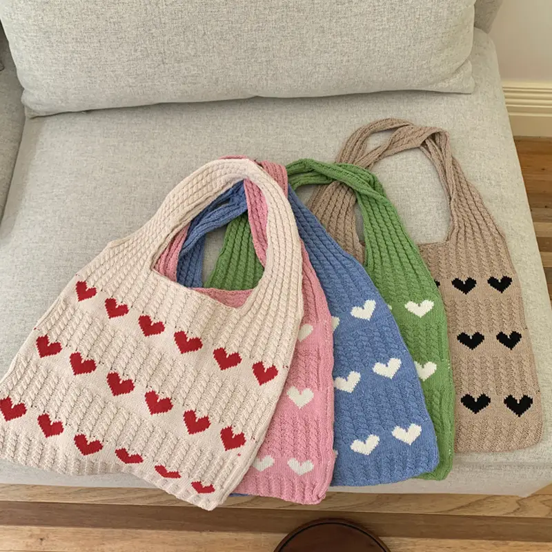 Knitted Heart Pattern Wool Tote Bag Beige - Image 9