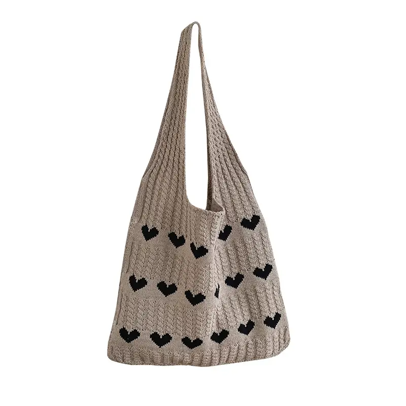Knitted Heart Pattern Wool Tote Bag Beige - Image 10