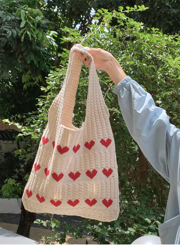 Knitted Heart Pattern Wool Tote Bag Beige — feature 13