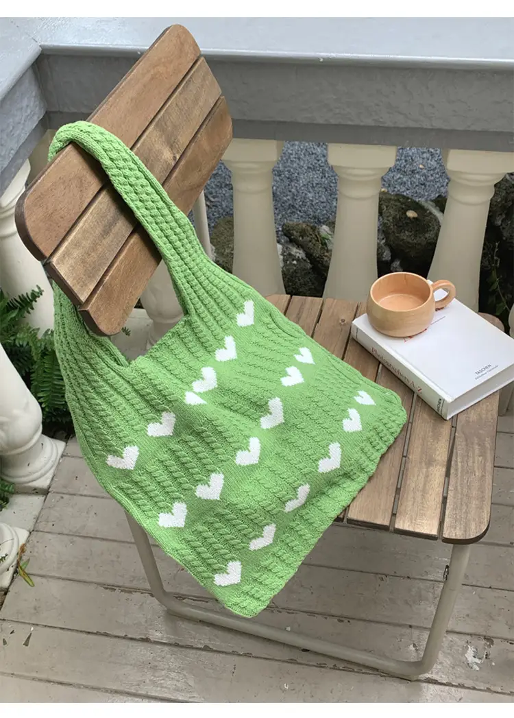 Knitted Heart Pattern Wool Tote Bag Beige — feature 18