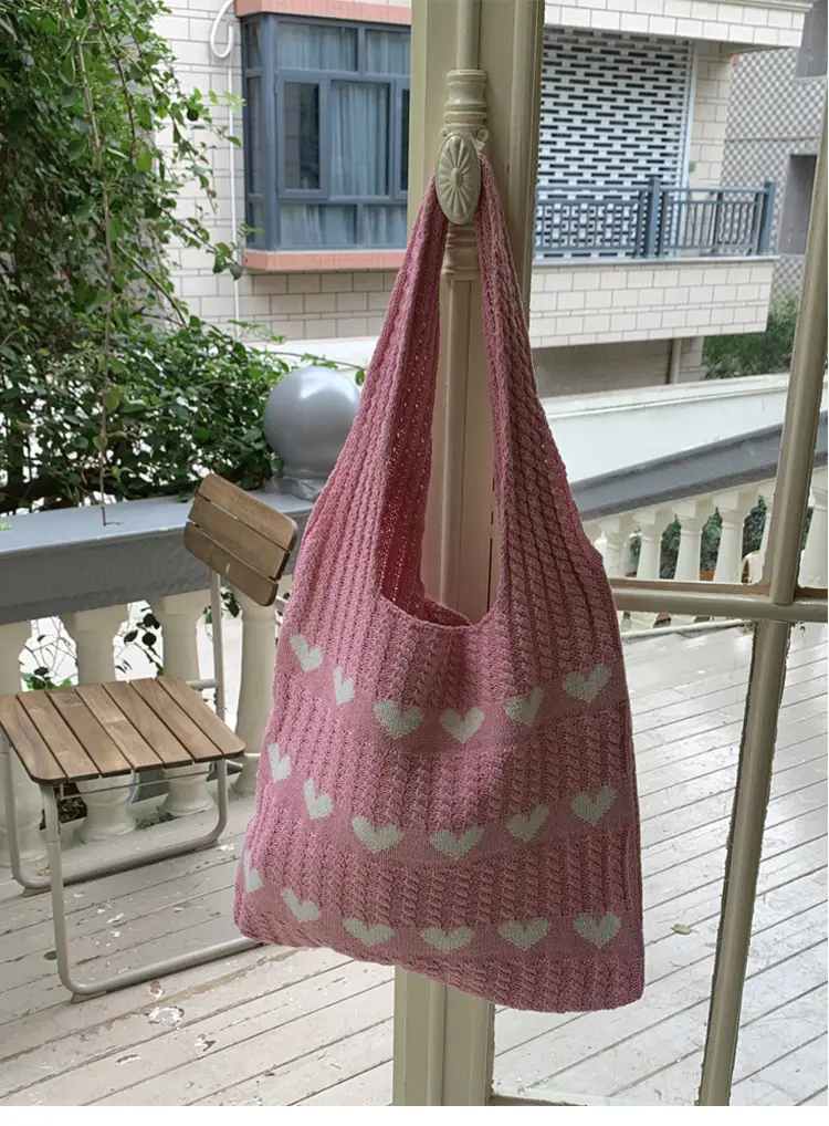 Knitted Heart Pattern Wool Tote Bag Beige — feature 21