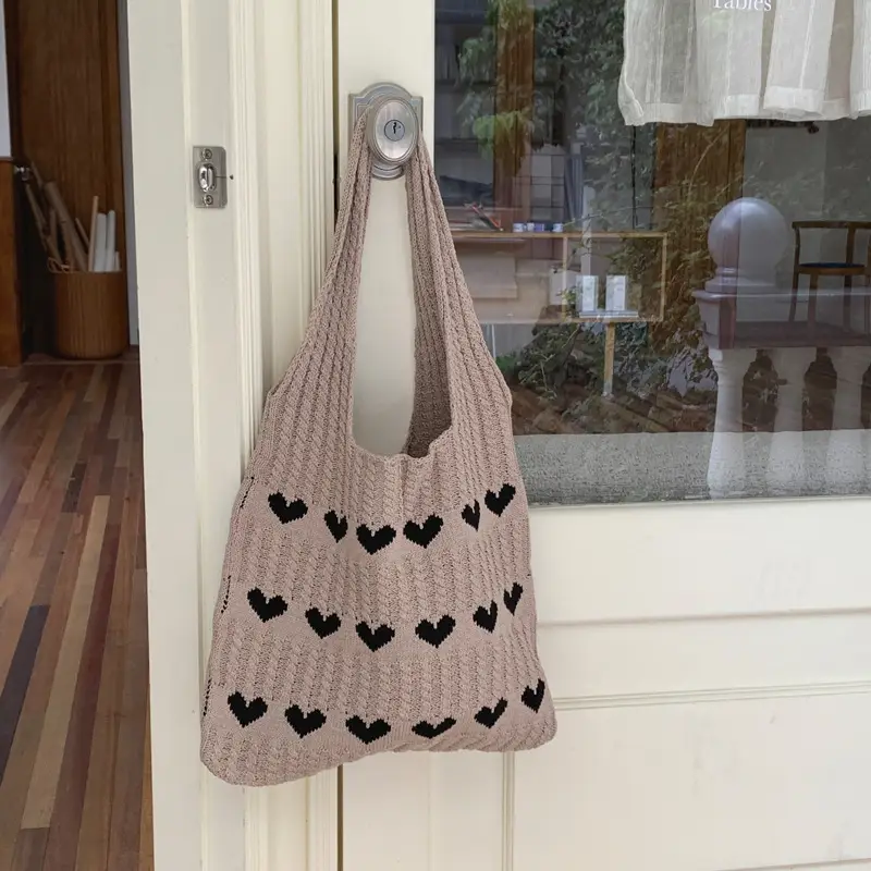 Knitted Heart Pattern Wool Tote Bag Beige - Image 5