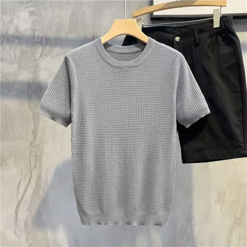 Men Slim Fit Knitted White Short Sleeve T-Shirt - Image 17