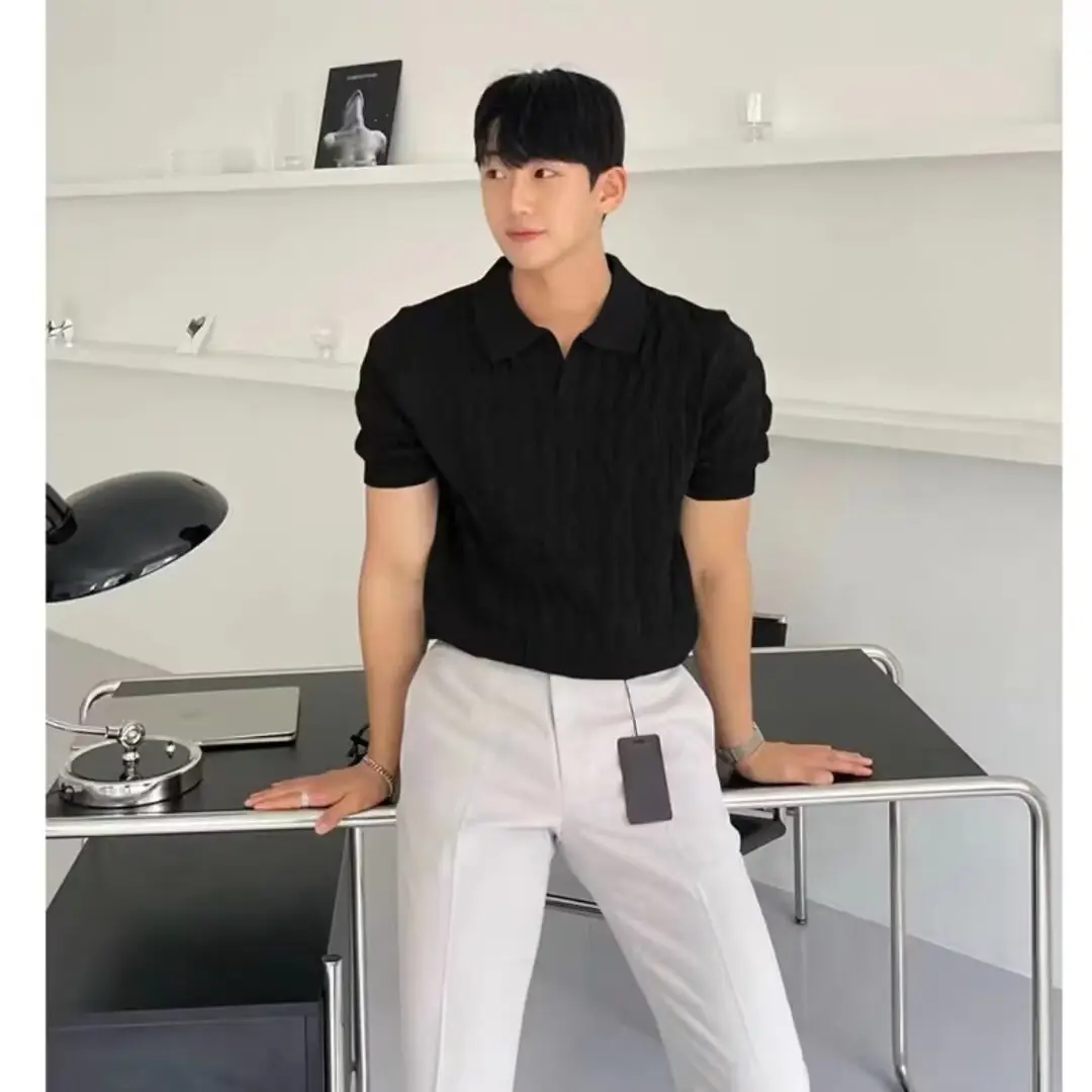 Men Slim Fit Knitted White Short Sleeve T-Shirt - Image 6