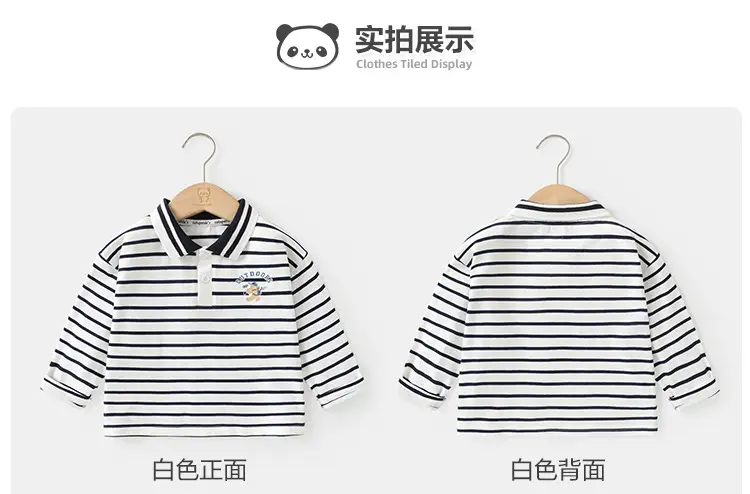 Kaka Panda Boys Polo Shirt Black White Striped Long Sleeve Spring Outfit — feature 7