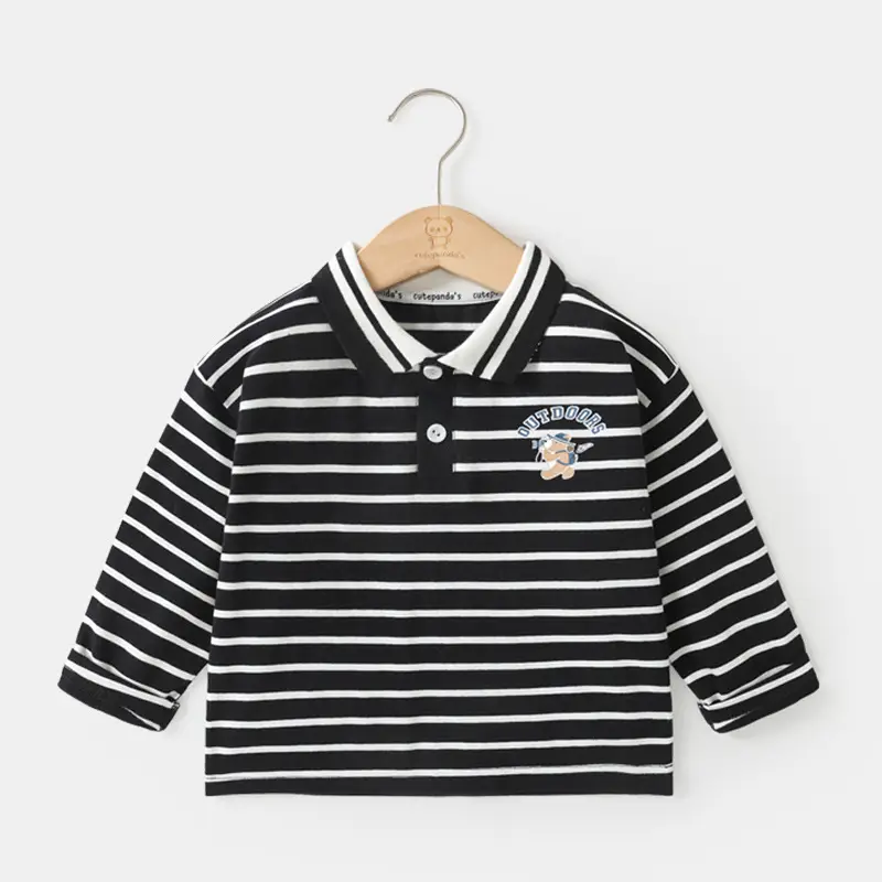 Kaka Panda Boys Polo Shirt Black White Striped Long Sleeve Spring Outfit - Image 2