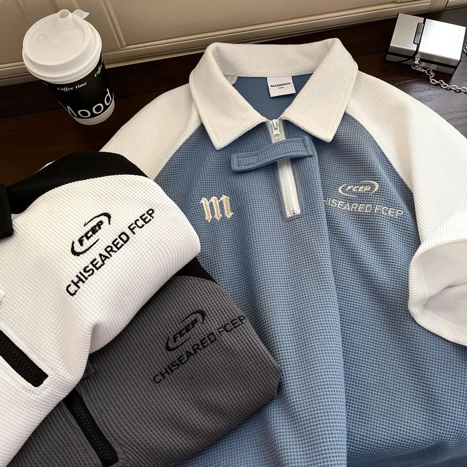Men's Waffle Cotton Polo Shirt White Black Grey - Image 6