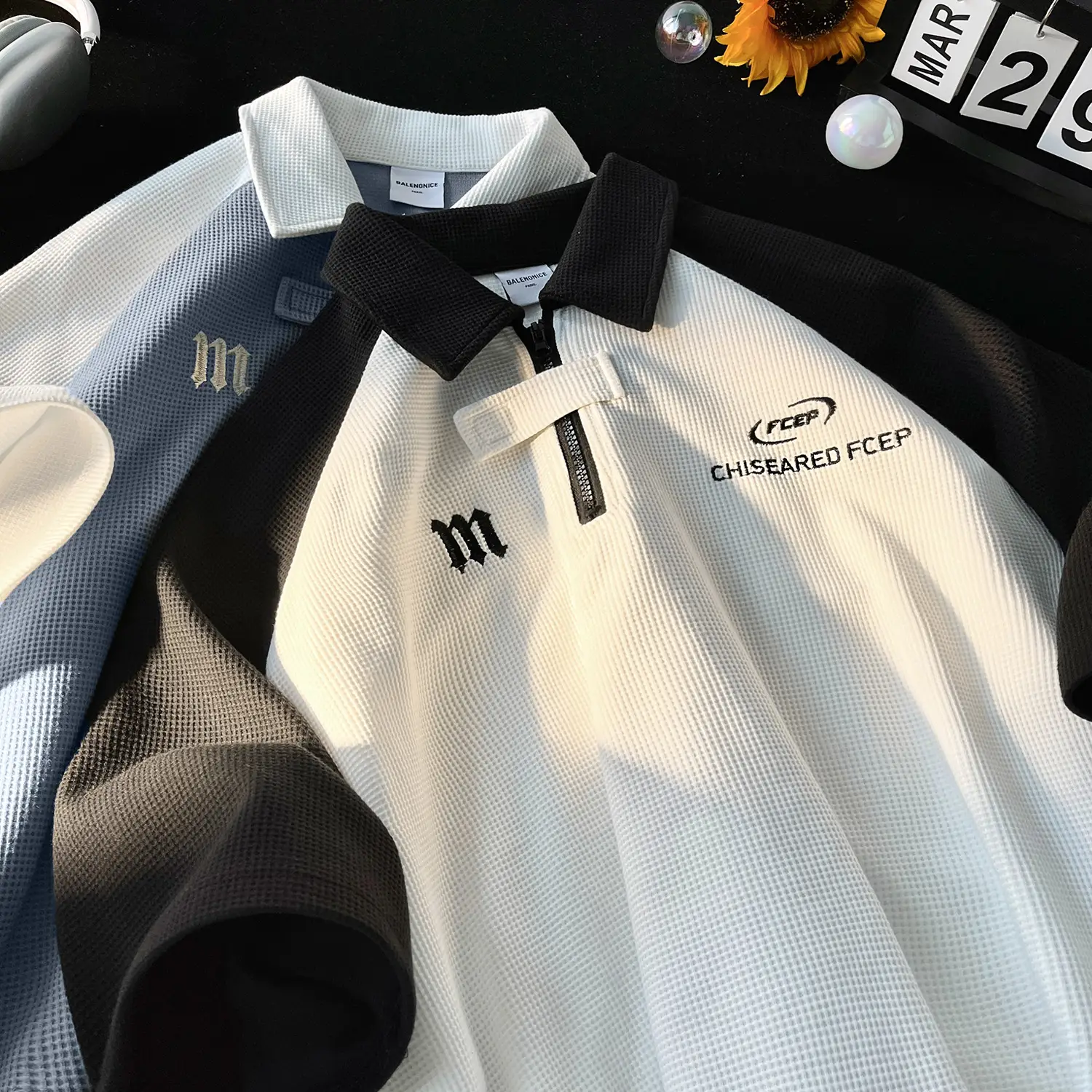 Men's Waffle Cotton Polo Shirt White Black Grey - Image 7