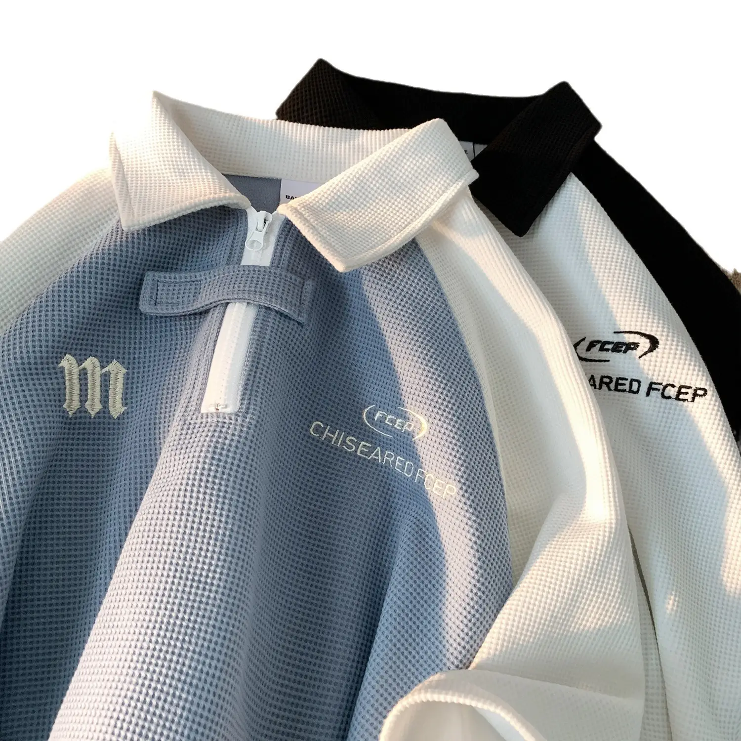 Men's Waffle Cotton Polo Shirt White Black Grey - Image 8