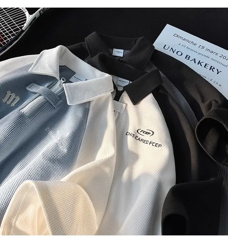 Men's Waffle Cotton Polo Shirt White Black Grey — feature 10