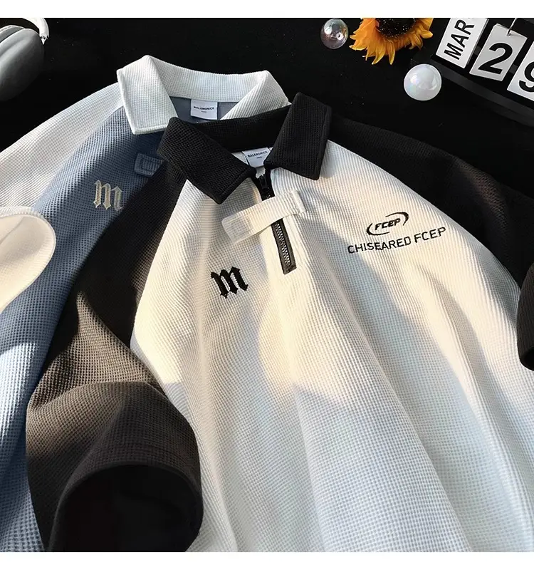 Men's Waffle Cotton Polo Shirt White Black Grey — feature 11