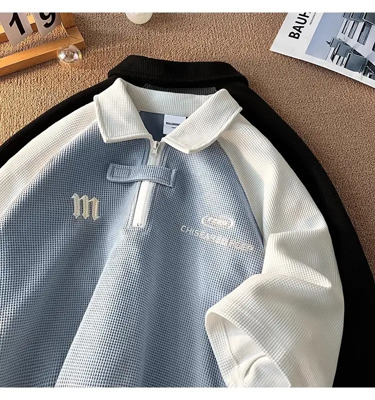 Men's Waffle Cotton Polo Shirt White Black Grey — feature 12