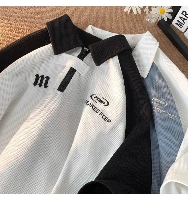 Men's Waffle Cotton Polo Shirt White Black Grey — feature 13