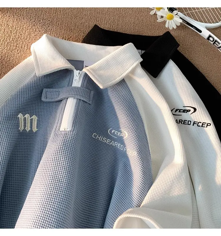 Men's Waffle Cotton Polo Shirt White Black Grey — feature 14