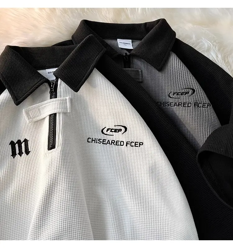 Men's Waffle Cotton Polo Shirt White Black Grey — feature 16