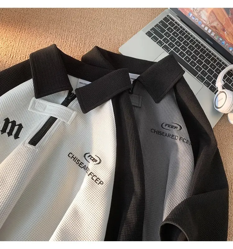 Men's Waffle Cotton Polo Shirt White Black Grey — feature 17