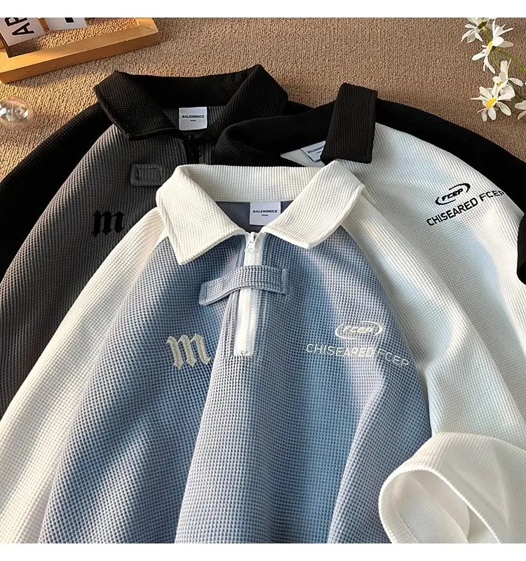 Men's Waffle Cotton Polo Shirt White Black Grey — feature 18
