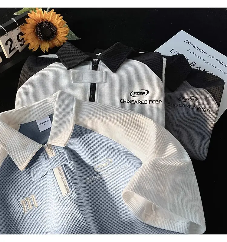 Men's Waffle Cotton Polo Shirt White Black Grey — feature 19