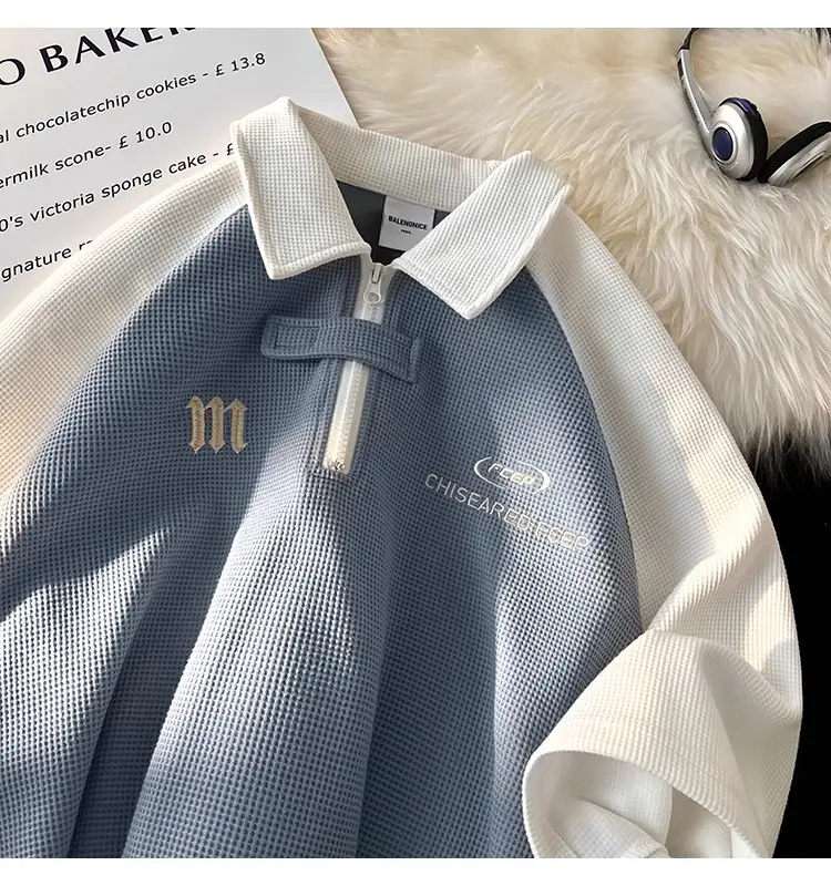 Men's Waffle Cotton Polo Shirt White Black Grey — feature 2