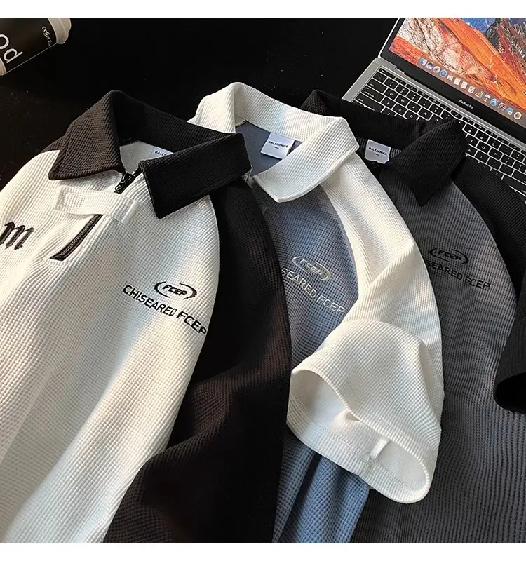 Men's Waffle Cotton Polo Shirt White Black Grey — feature 22
