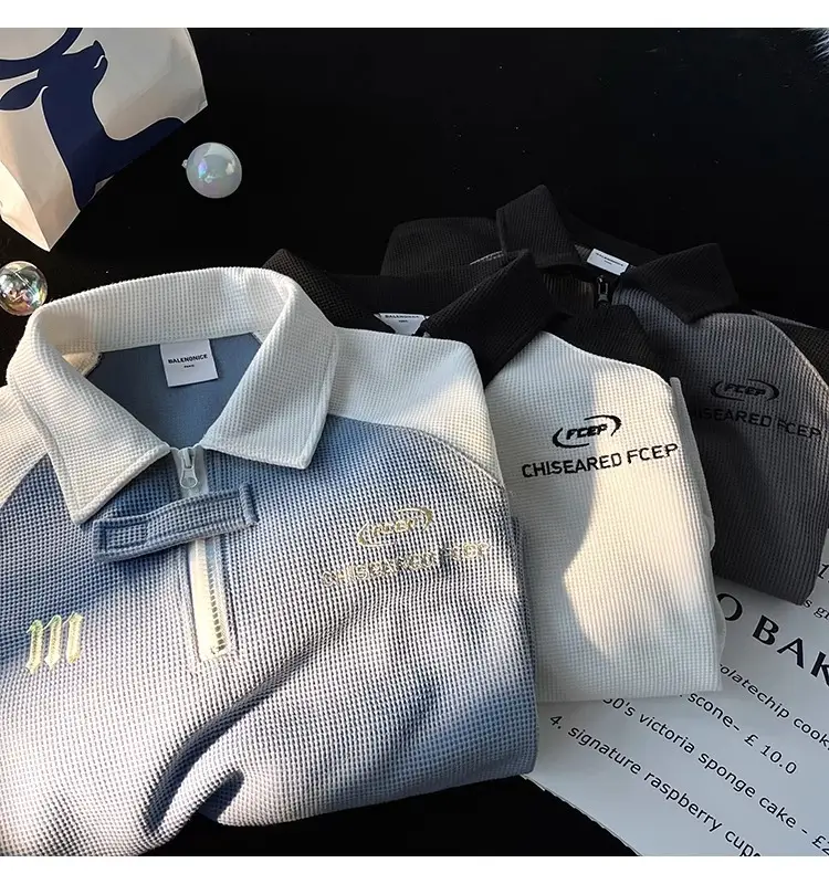 Men's Waffle Cotton Polo Shirt White Black Grey — feature 23
