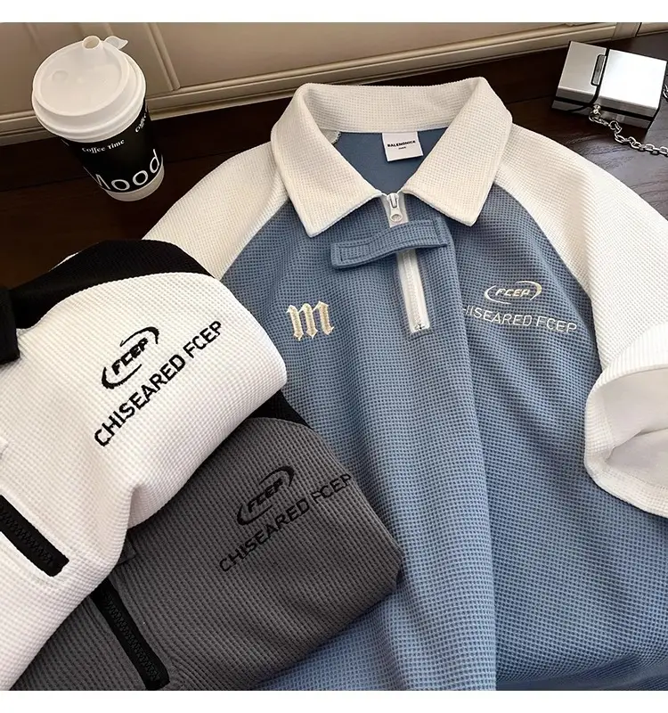 Men's Waffle Cotton Polo Shirt White Black Grey — feature 24
