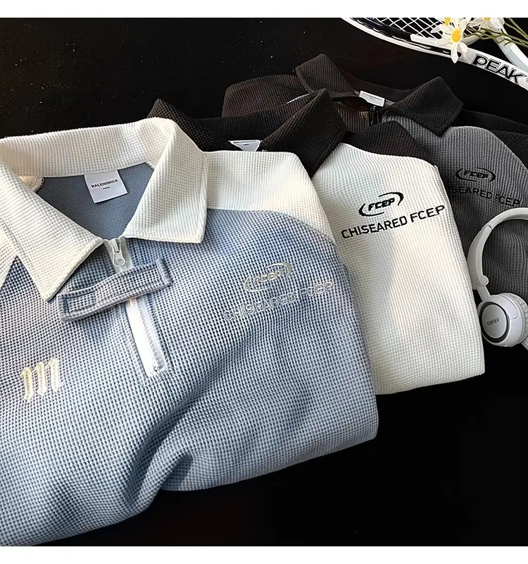 Men's Waffle Cotton Polo Shirt White Black Grey — feature 25