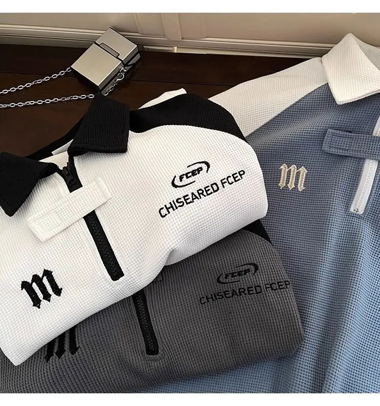 Men's Waffle Cotton Polo Shirt White Black Grey — feature 26